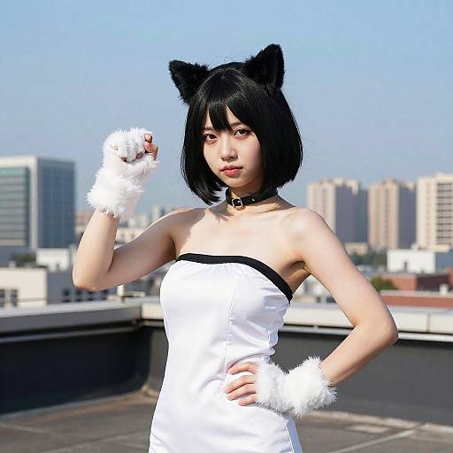 Asian Woman in Cat Costume on Rooftop