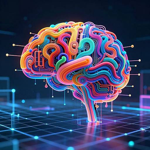 Digital artwork of a vibrant, neon-colored, abstract brain with rainbow waves and dripping lines, set against a dark, grid-patterned background.