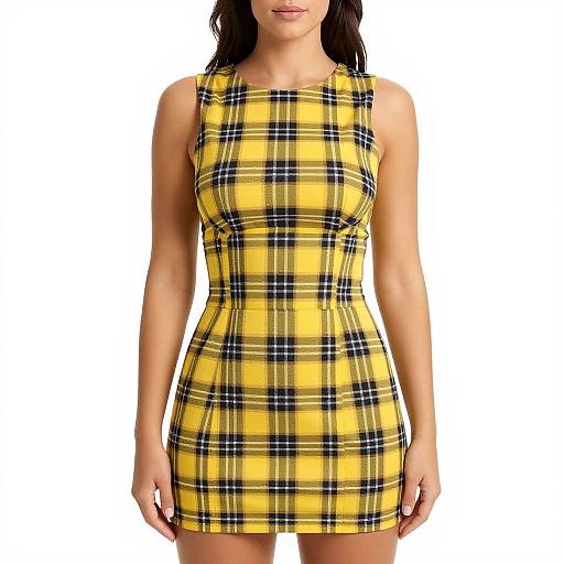 Photograph of a woman wearing a sleeveless, yellow and black plaid dress, standing against a white background. Her dark hair is loose, and
