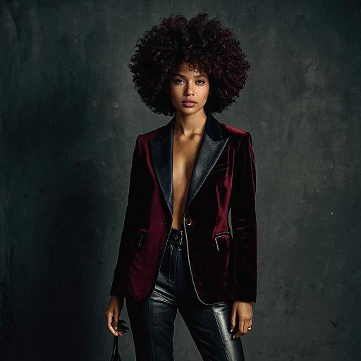 Fashionable Woman in Velvet Blazer and Leather Pants