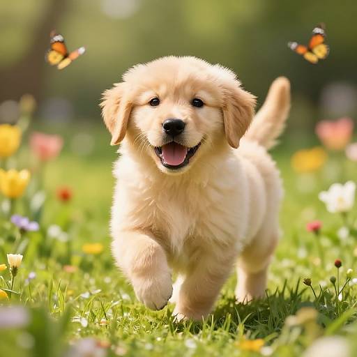 Photograph of a fluffy, golden Labrador puppy joyfully running through a sunlit garden with colorful flowers, two orange butterflies fluttering nearby.