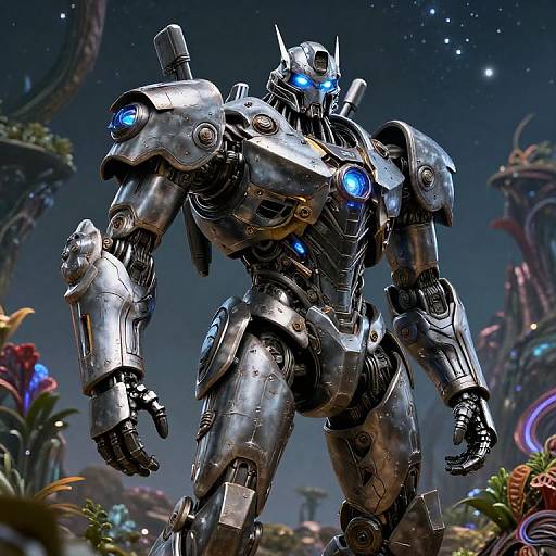 CGI image of a muscular, silver robotic warrior with glowing blue eyes and joints, standing in a futuristic, starry, sci-fi garden.