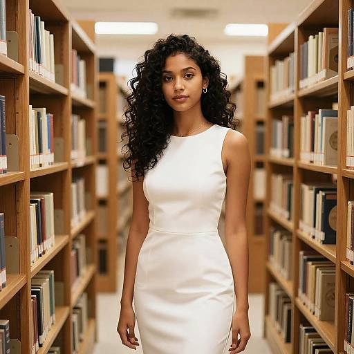Young Woman in Formal Dress in Library