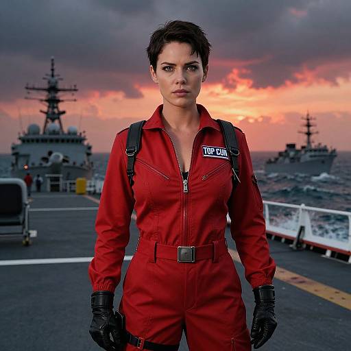 Photograph-style CGI of a determined woman in a red jumpsuit and black gloves, standing on a naval ship at sunset, with two warships in