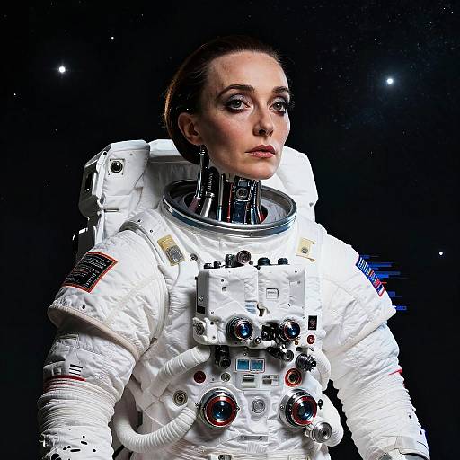 Photorealistic CGI of a serious-faced woman in a white space suit with various controls, against a starry black space background.