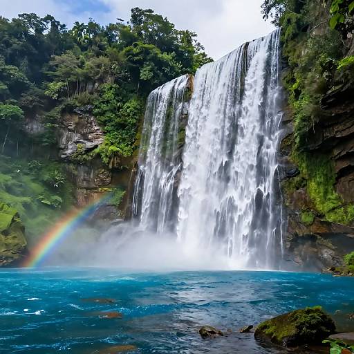 Photograph of a vibrant waterfall cascading into a turquoise pool, surrounded by lush greenery, with a rainbow arcing over the mist.