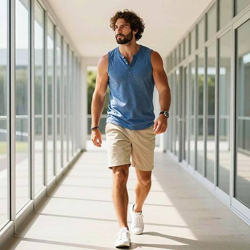 Photograph of a muscular, bearded man with curly brown hair, wearing a blue sleeveless shirt, beige shorts, and white sneakers, walking down