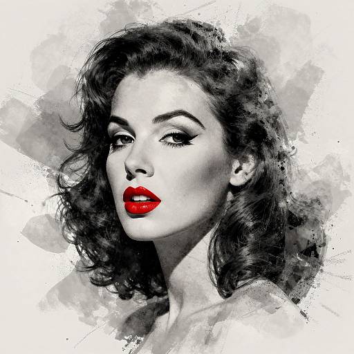 Digital portrait of a glamorous woman with wavy black hair, red lips, and dramatic eye makeup, set against a gray, splattered background.