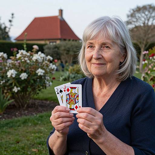 Photograph of an elderly woman with silver hair, wearing a black cardigan, holding a hand of playing cards outdoors in a garden. Background includes a