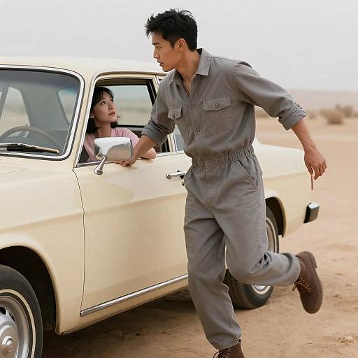 Desert Encounter with Vintage Car