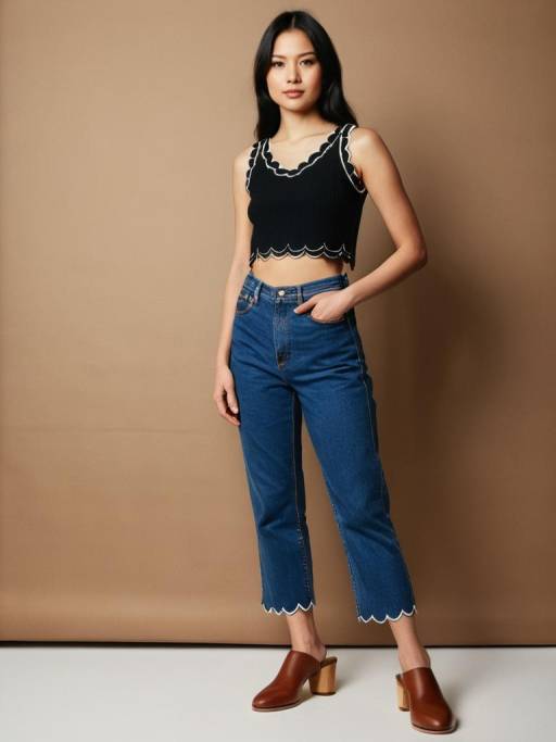 Woman in Casual Chic Outfit with Scalloped Hem Cropped Top and Blue Jeans