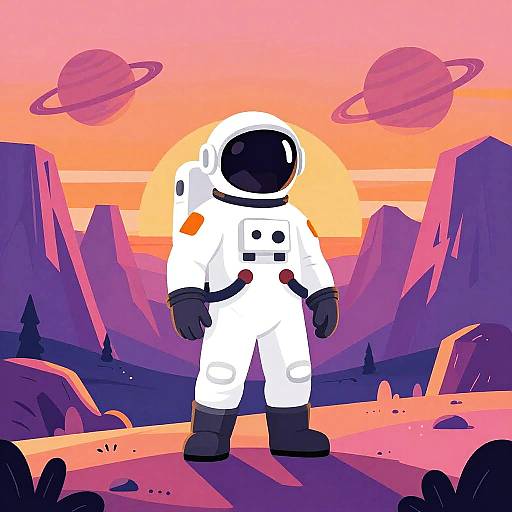 Digital illustration of a cartoon astronaut in a white spacesuit standing on a purple rocky landscape during a vibrant orange sunset with two pink-ringed planets in the