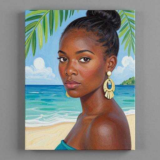 Digital painting of a beautiful dark-skinned woman with a bun, gold earrings, turquoise strapless top, tropical beach background with palm leaves.