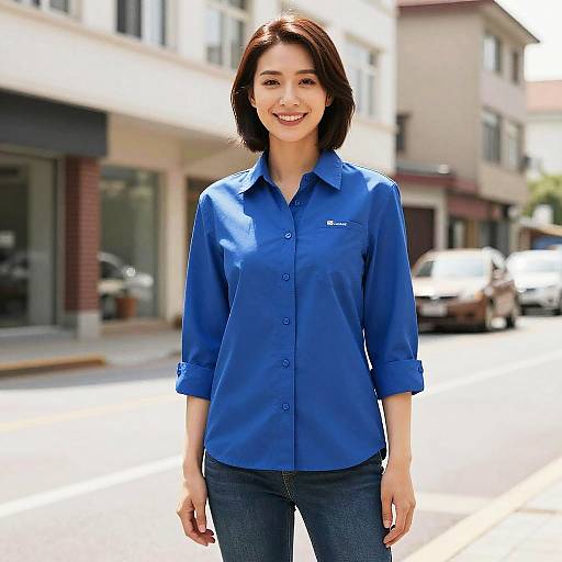 Woman in Blue Shirt on Street