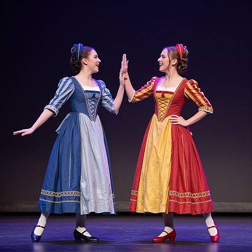 Photograph of two women in colorful, 18th-century-style dresses, blue and red, performing a dance on stage, high-fiving and smiling