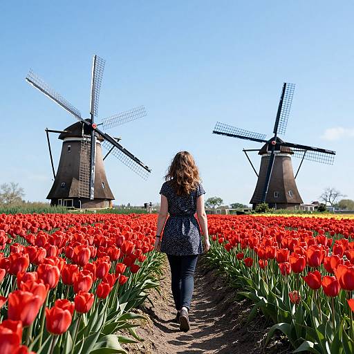 Photograph of a woman with curly brown hair, wearing a black polka-dot blouse and jeans, walking through a vibrant red tulip field towards two