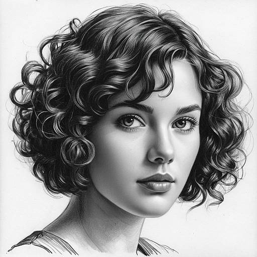 Ash-Brown Curly Bob Pencil Portrait