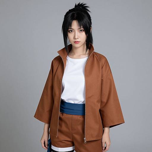 Photograph of an Asian woman with black hair in a ponytail, wearing a brown gi, white shirt, blue belt, and gray background.