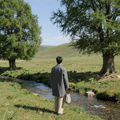 Man by Stream in Sunlit Meadow