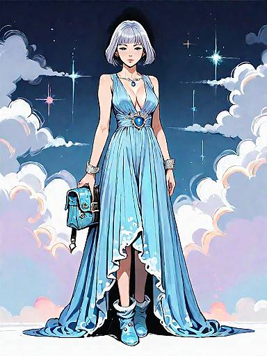 Elegant Fantasy Woman in Blue Satin Dress