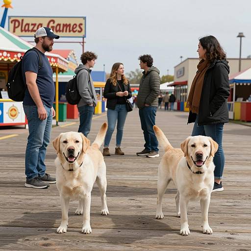 Two Yellow Labradors on Boardwalk with People and Carnival Games