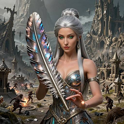 Digital art: Silver-haired, green-eyed woman with feathery armor holding a glowing feather in a medieval fantasy battle scene with castle ruins.