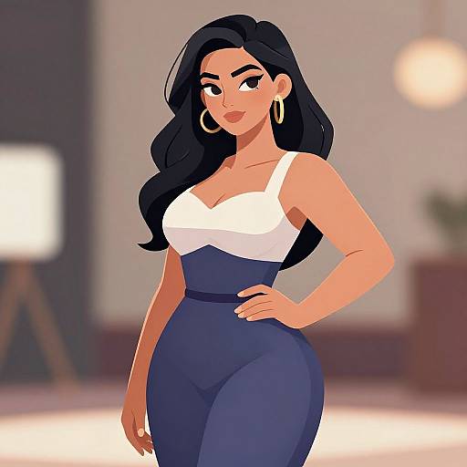 Digital illustration of a curvy woman with long black hair, wearing a white top and navy high-waisted pants, large gold hoop earrings, and