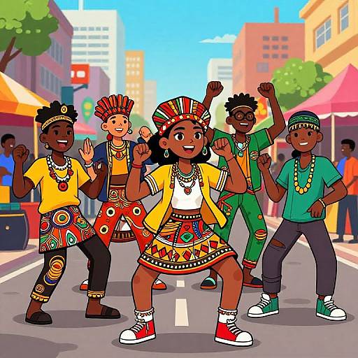 Colorful digital illustration of five African dancers in vibrant traditional and modern attire, performing on a sunny urban street.