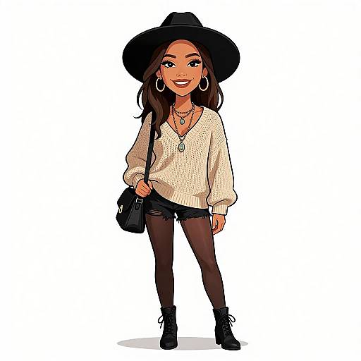 Digital illustration of a smiling woman with medium skin tone, wearing a black wide-brimmed hat, white oversized sweater, black shorts, black tights