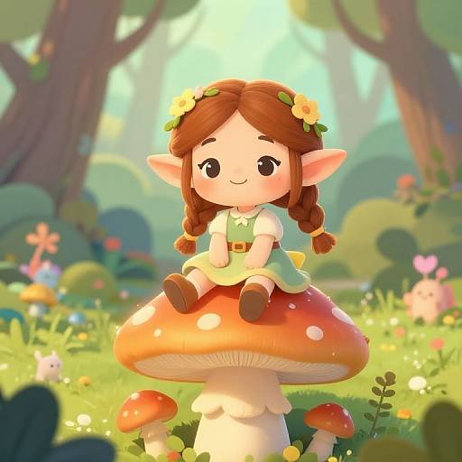 Chibi-style digital artwork of a cute, elf-like girl with brown braids, flower crown, green dress, sitting on a large red mushroom in