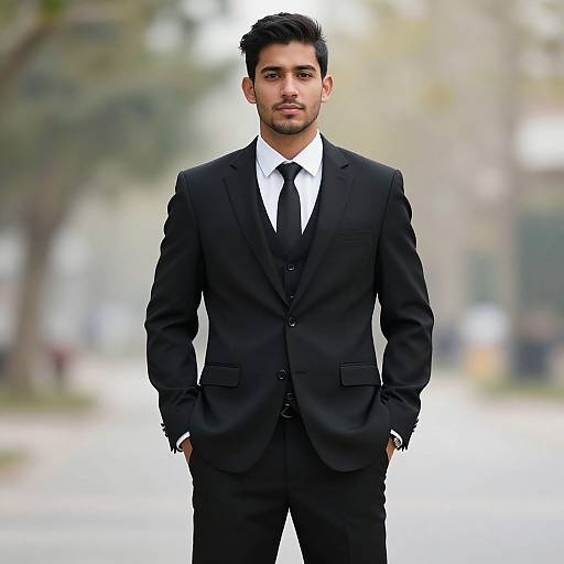 Photograph of a young man with short black hair, light brown skin, and a trimmed beard, standing confidently in a black suit, white shirt,