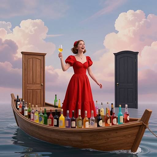 CGI image of a smiling woman in a red dress holding a cocktail, standing in a wooden boat filled with liquor, with two floating doors in a