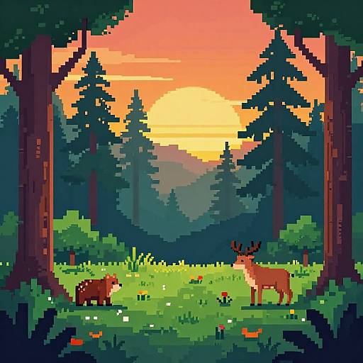 Pixel art of a sunset forest: a red fox on the left, a deer with antlers on the right, surrounded by trees and vibrant, colorful