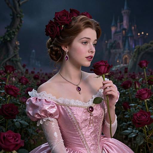 Elegant Woman in Pink Dress with Roses and Castle Background