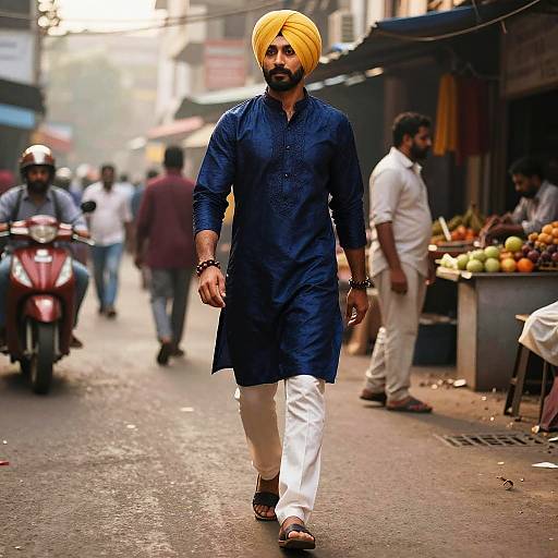 Photograph of a bearded Indian man in a navy blue kurta, white pants, yellow turban, walking on a bustling street with vendors,