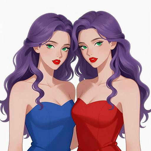 Illustration of Two Women with Purple Hair and Green Eyes