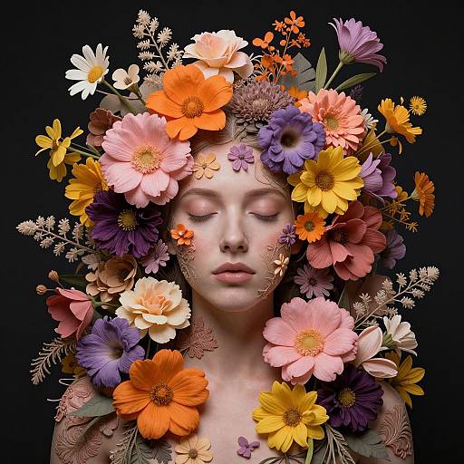 Photorealistic digital artwork of a serene woman with closed eyes, surrounded by vibrant, multicolored flowers (orange, pink, purple, yellow)