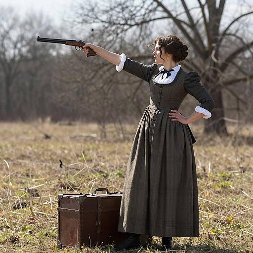 Woman in 19th Century Dress Aiming Pistol Outdoors