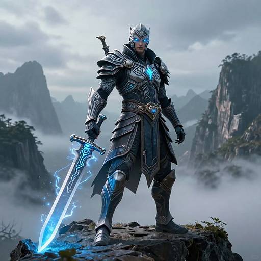 Digital artwork of a muscular, blue-eyed warrior in dark, glowing armor, holding a blue electric sword, standing on a rocky cliff with misty mountains
