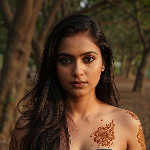 Photograph of a young South Asian woman with long dark hair, brown eyes, and intricate henna tattoos on her shoulders, standing in a forest.