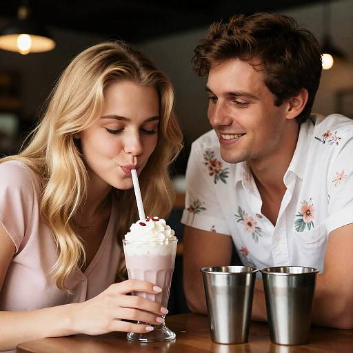 Couple Enjoying Milkshake in Café