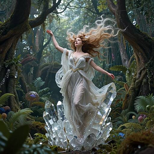 Digital fantasy artwork: A fair-skinned woman with long, flowing blonde hair in a translucent, white, flowing gown, dancing joyfully in a lush