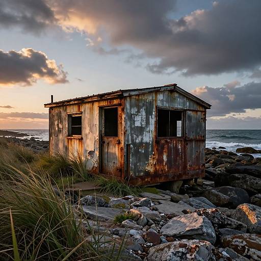 Weathered Shoreline Bunker at Sunset