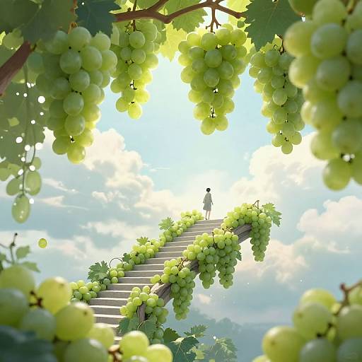 Digital artwork of a vineyard staircase covered in green grapes, ascending into a bright, cloudy sky. Silhouetted figure at the top. Dream