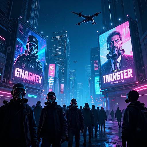 Neon-lit city street at night, filled with police in tactical gear, surrounded by towering billboards displaying 