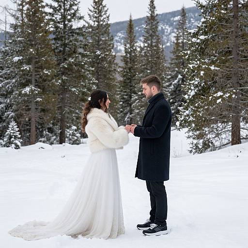 Photograph of a snowy forest wedding: a couple in black coats and white dress holds hands, standing on snow-covered ground.