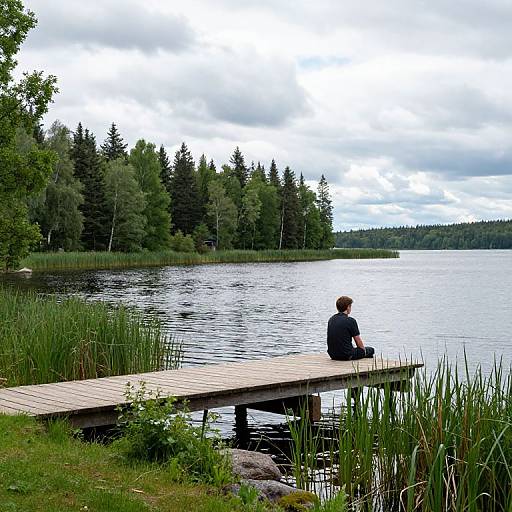 Photograph of a person with short hair, wearing a black shirt, sitting on a wooden dock, overlooking a serene lake surrounded by tall trees and grass
