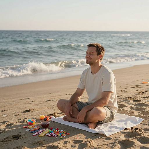 Photograph of a smiling, short-haired man in a white t-shirt and gray shorts, sitting cross-legged on a beach towel, playing with colorful puzzle