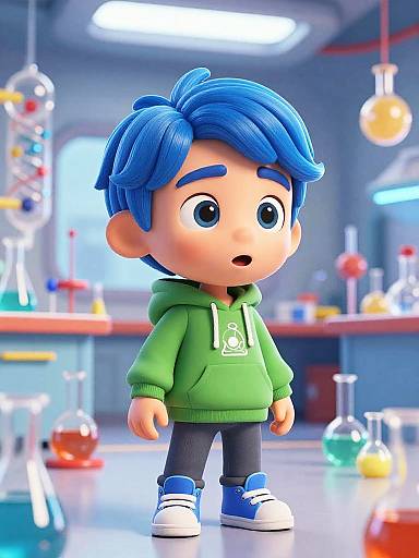 Digital 3D chibi-style boy with blue hair, green hoodie, black pants, and blue shoes, standing in a colorful laboratory.