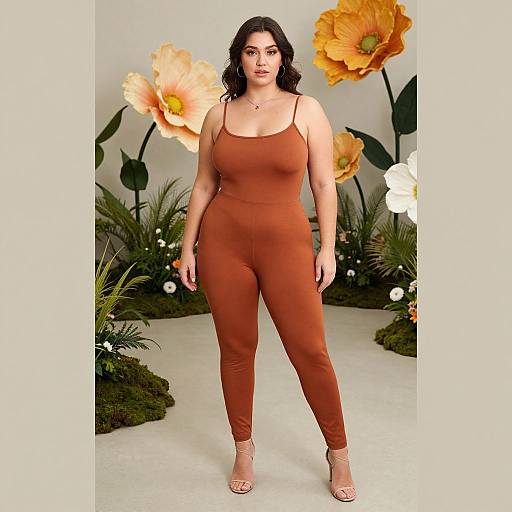 Photograph of a curvy woman with dark hair in a rust-colored, form-fitting jumpsuit and beige heels, standing against a backdrop of large